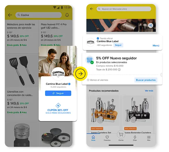 ¿Ya conoces el nuevo objetivo publicitario de Mercado Ads? Así funciona "Aumentar Seguidores" Un nuevo seguidor recibe un cupón de descuento del 5% en productos seleccionados.